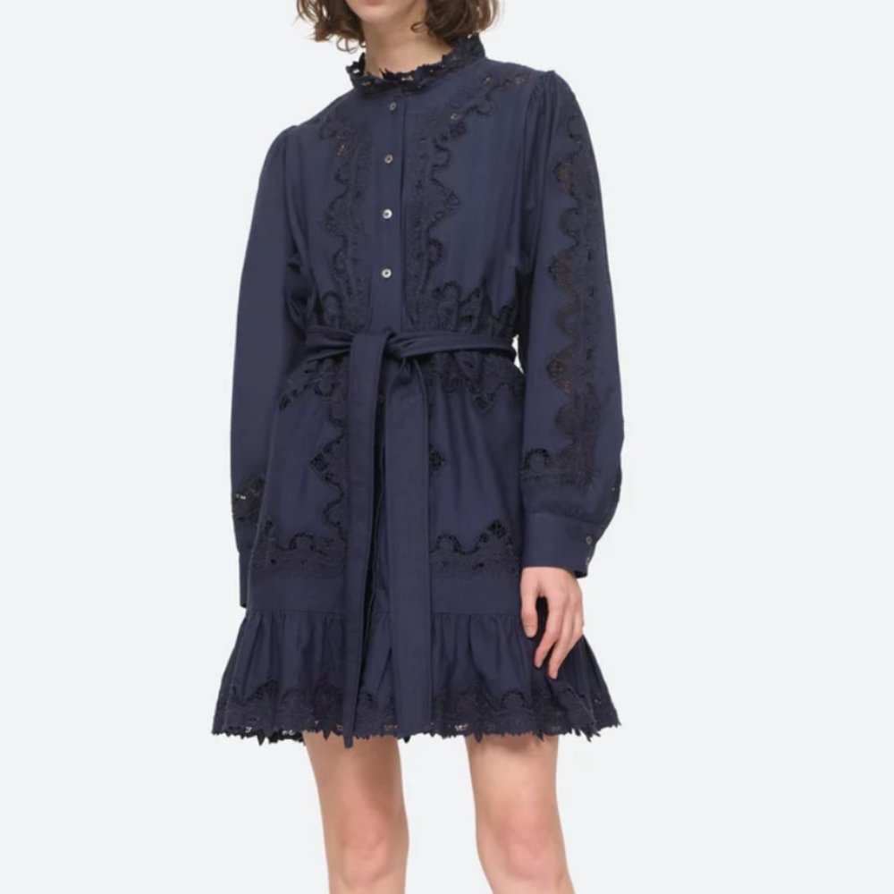Sea New York Navy Lace-Trim Long-Sleeve Tie-Waist Dress